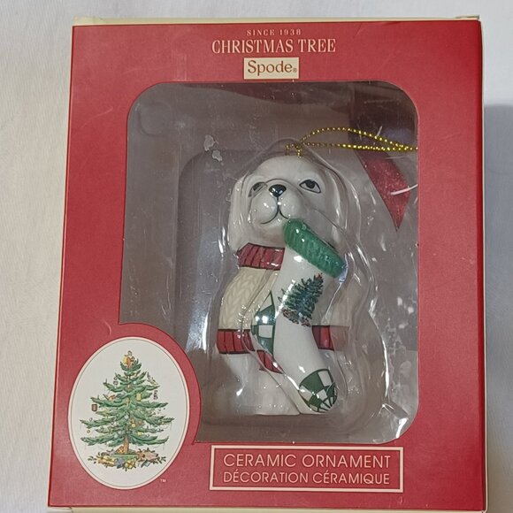 SPODE Christmas Tree Ceramic Ornament Puppy Dog With Stocking In Box - Picture 1 of 9